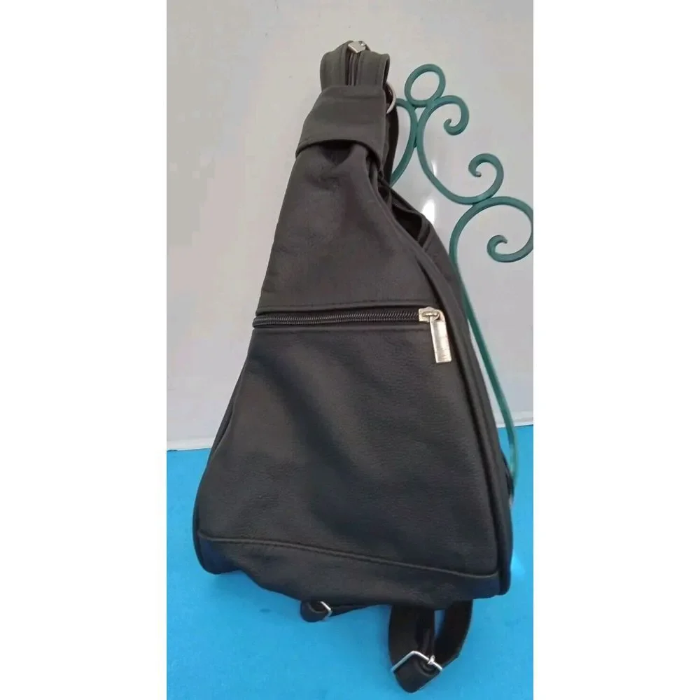 Sleek Black Leather Sling Backpack Convertible‎ Crossbody Multiple Compartments